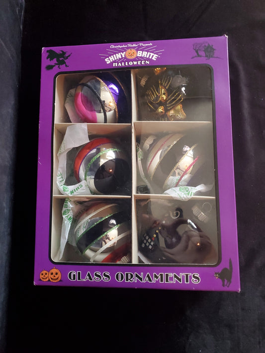 2024 Christopher Radko Halloween Christmas Ornaments. 6 Pack. 1 Cat, 1 Skull, 4 Balls.