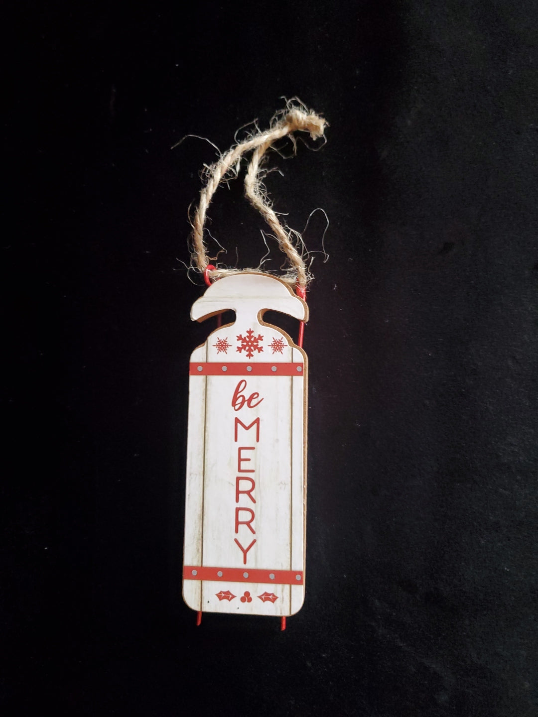 Wooden Sled Christmas Tree Ornament, "Be Merry" 4" long.