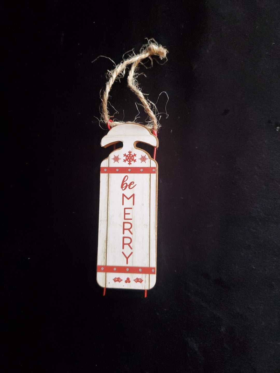 Wooden Sled Christmas Tree Ornament, "Be Merry" 4" long.