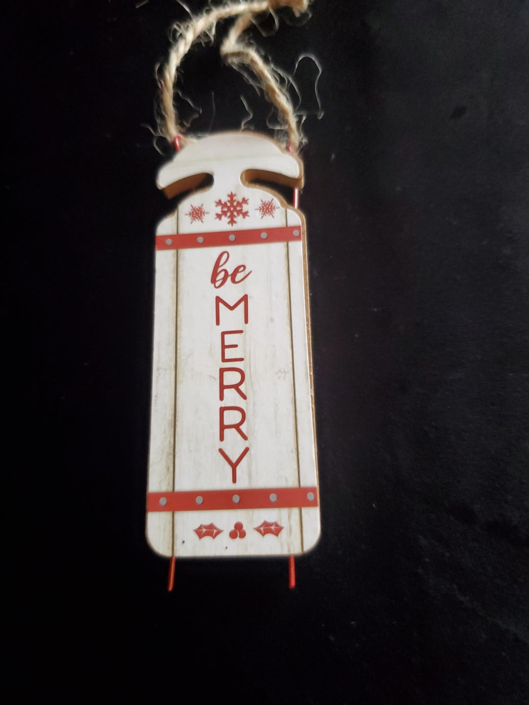 Wooden Sled Christmas Tree Ornament, "Be Merry" 4" long.