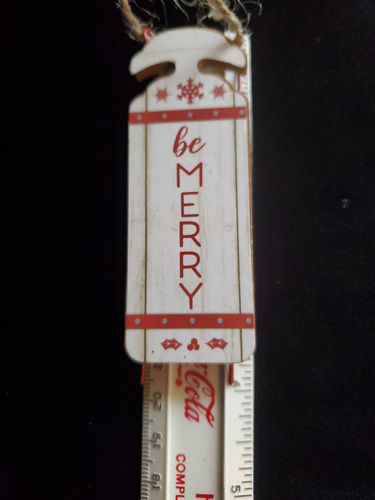 Wooden Sled Christmas Tree Ornament, "Be Merry" 4" long.