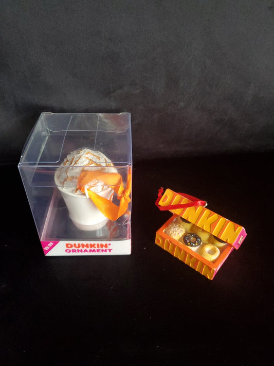 2020 Dunkin Donuts Christmas Ornaments, Caramel Latte Coffee Cup & Box Of Donuts.