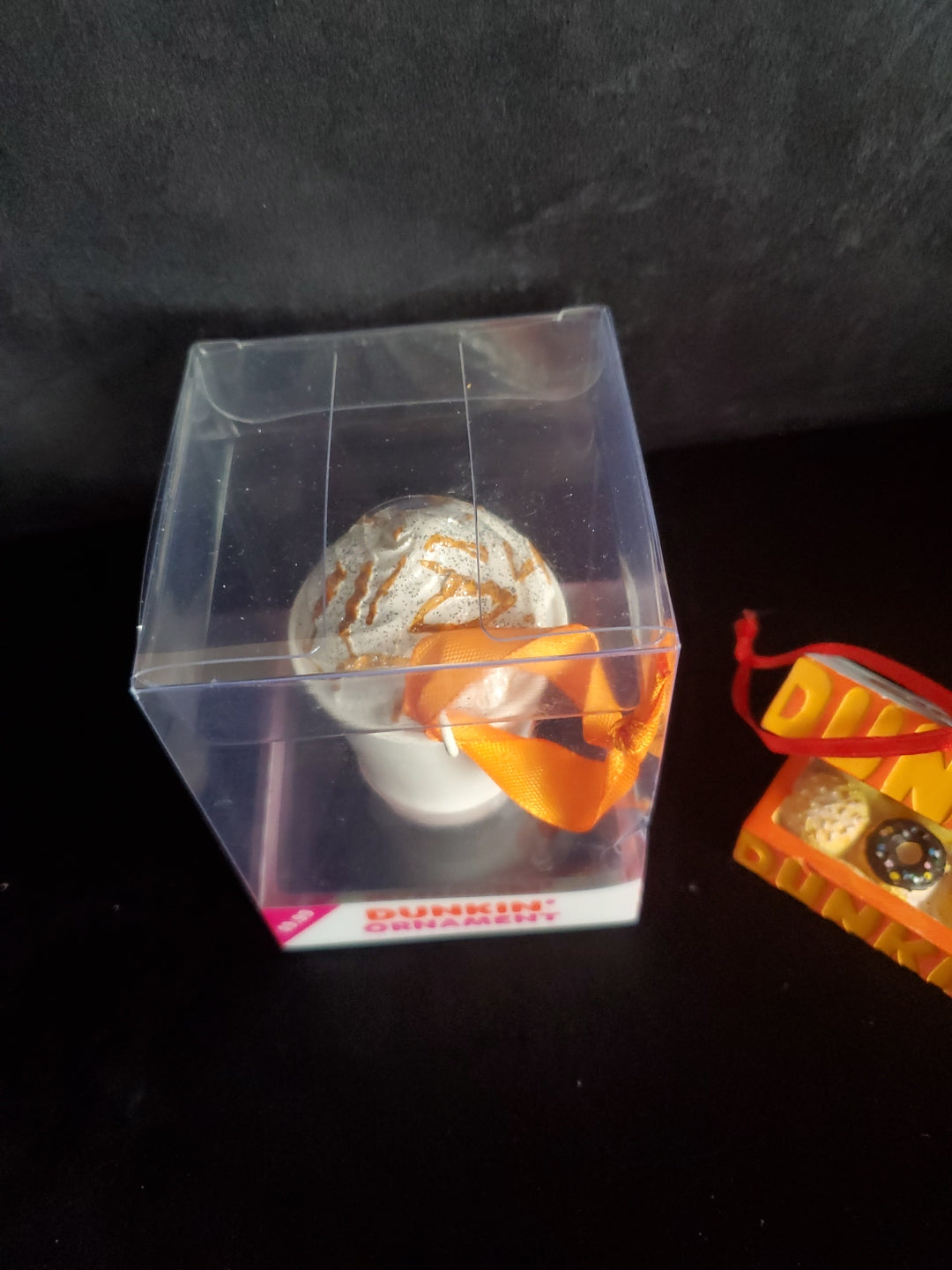 2020 Dunkin Donuts Christmas Ornaments, Caramel Latte Coffee Cup & Box Of Donuts.