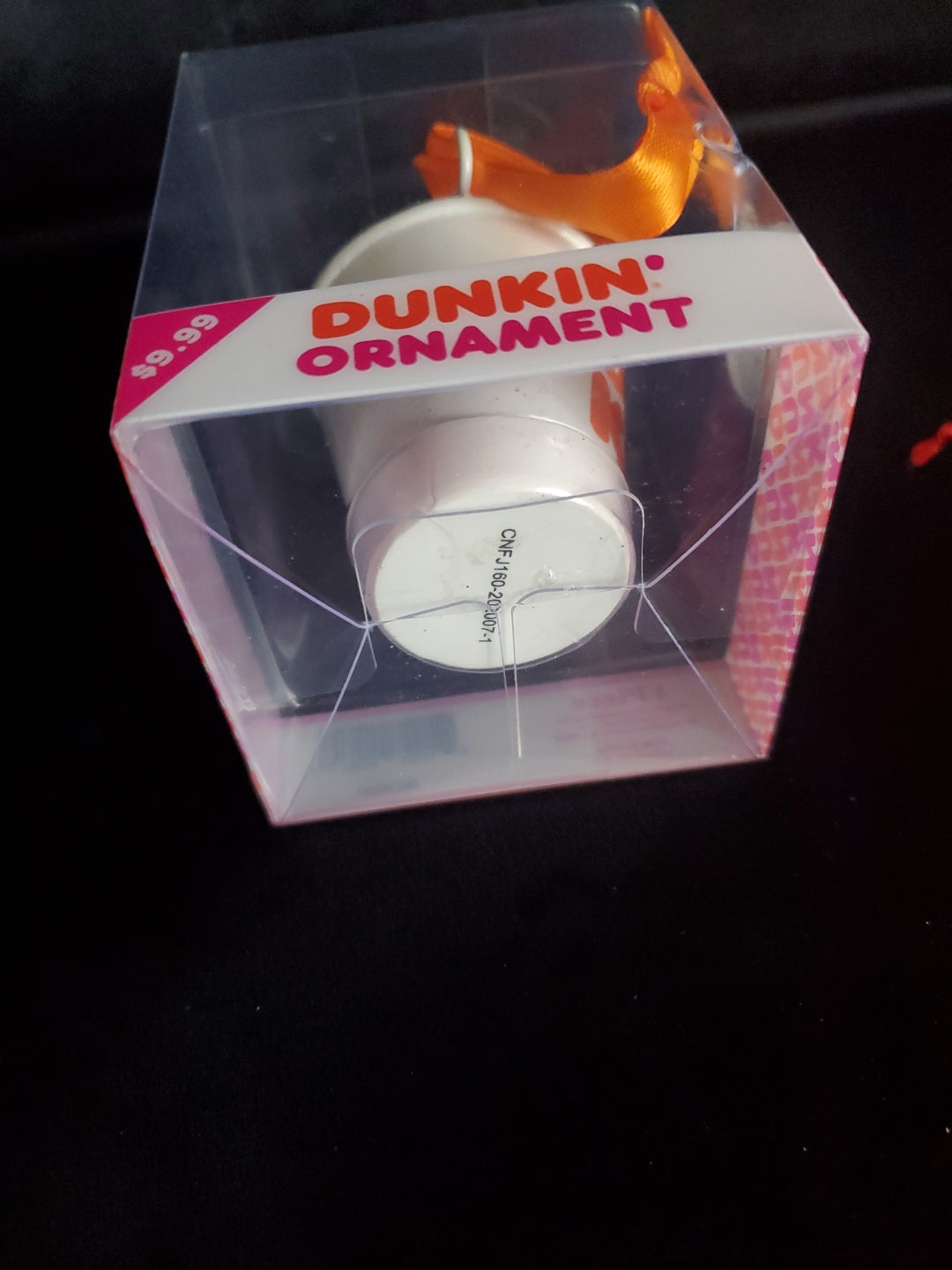 2020 Dunkin Donuts Christmas Ornaments, Caramel Latte Coffee Cup & Box Of Donuts.