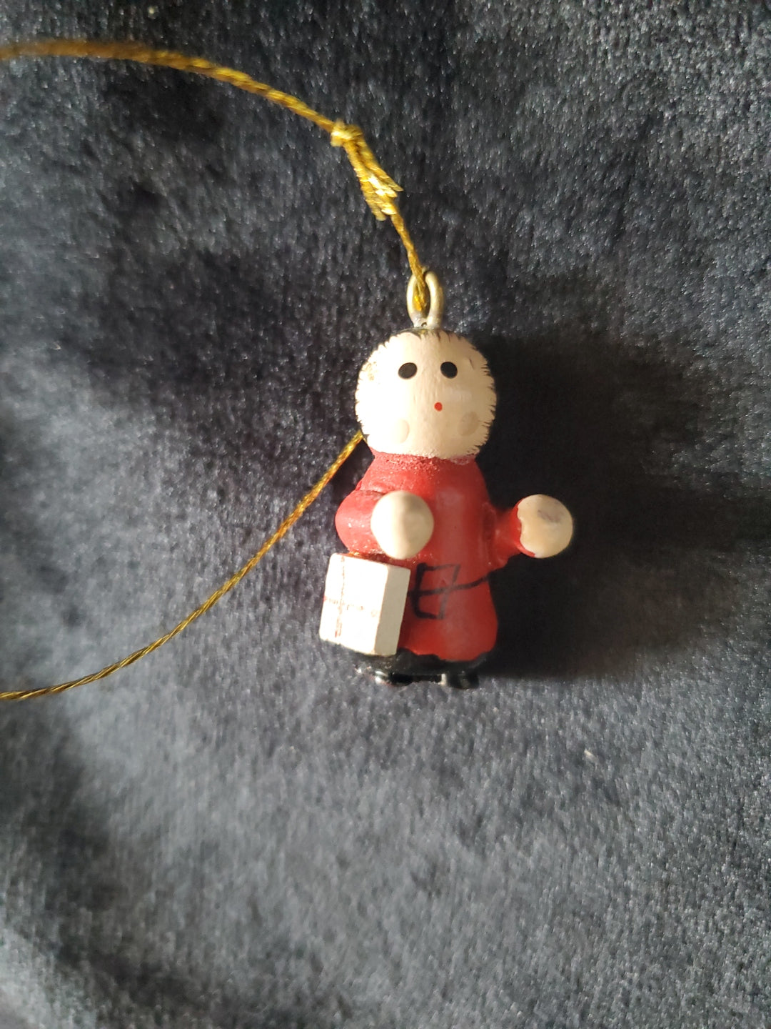 Vintage Miniature Child With Gift. Wood. Christmas Tree Ornament. 1" Tall.