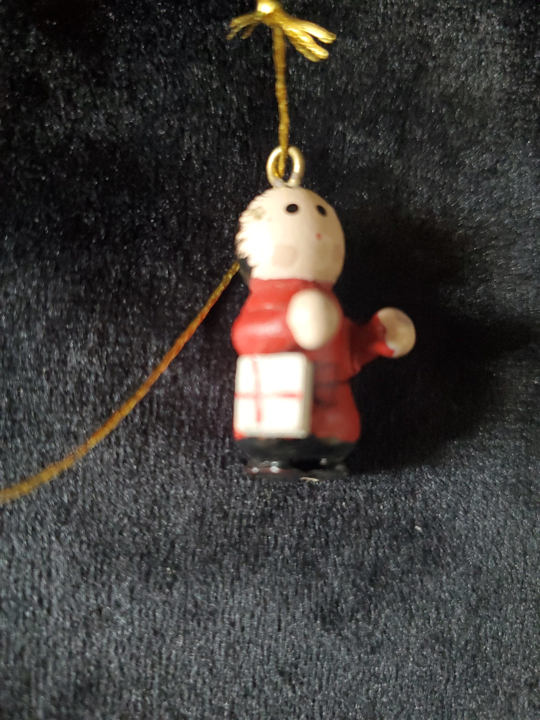 Vintage Miniature Child With Gift. Wood. Christmas Tree Ornament. 1" Tall.