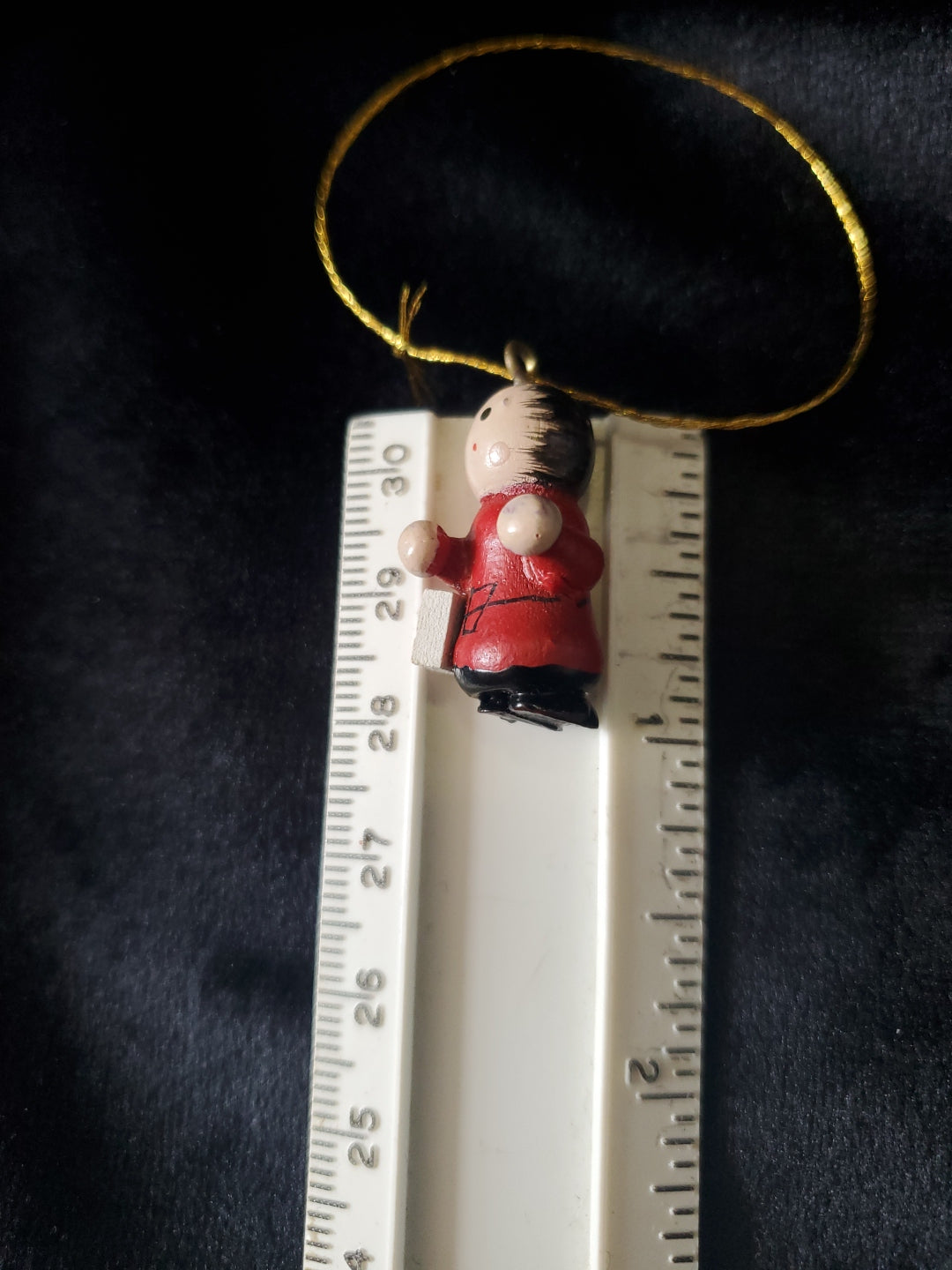 Vintage Miniature Child With Gift. Wood. Christmas Tree Ornament. 1" Tall.