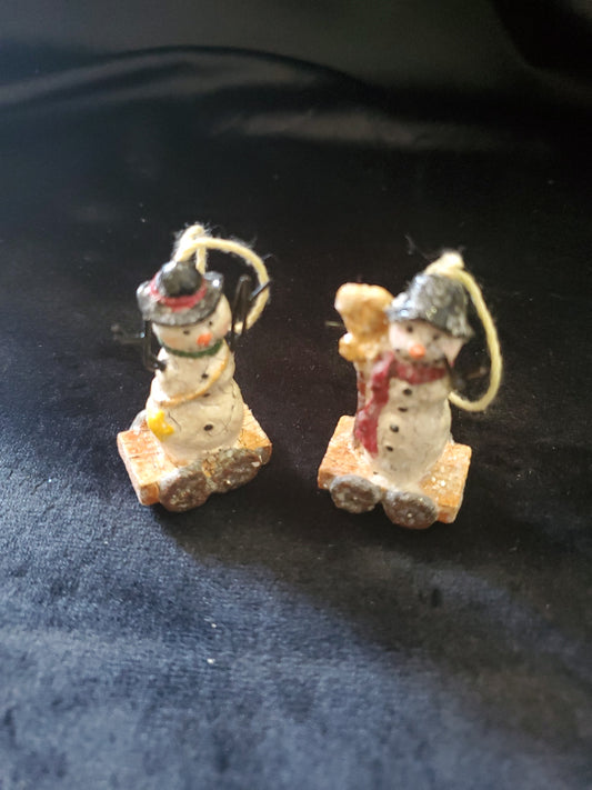 2 Vintage Miniature Snowman Christmas Ornament. 2" Tall