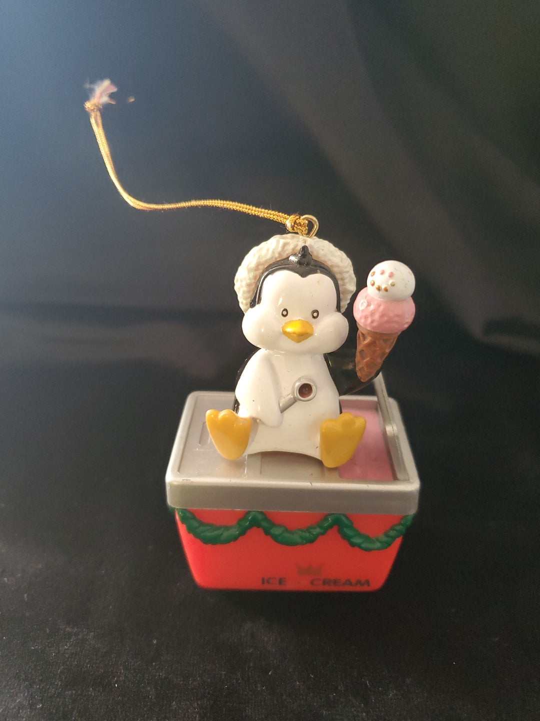 Vintage Christmas Penguin Gifting Ice Cream Christmas Ornament. 3.5" Tall.