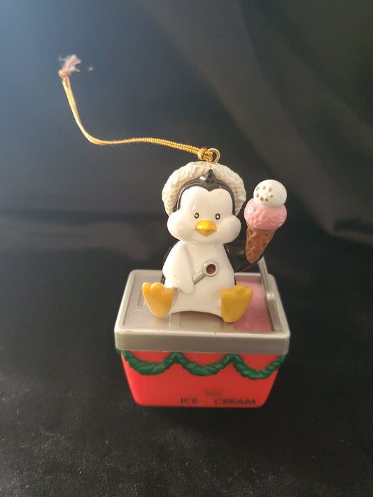 Vintage Christmas Penguin Gifting Ice Cream Christmas Ornament. 3.5" Tall.