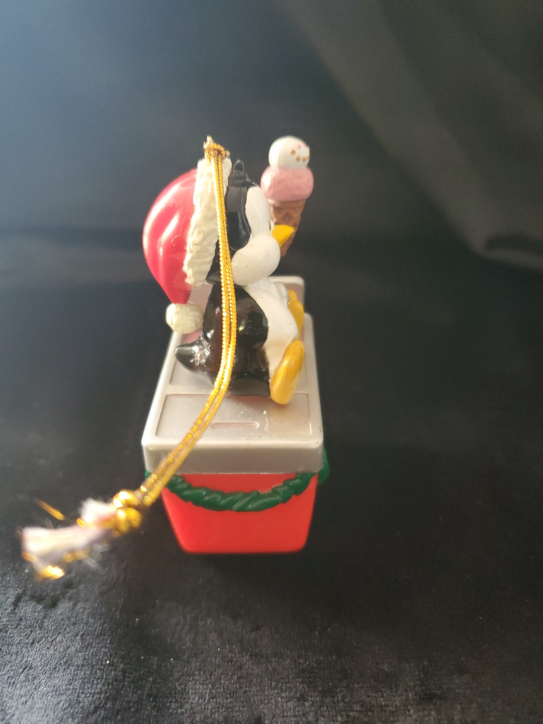 Vintage Christmas Penguin Gifting Ice Cream Christmas Ornament. 3.5" Tall.