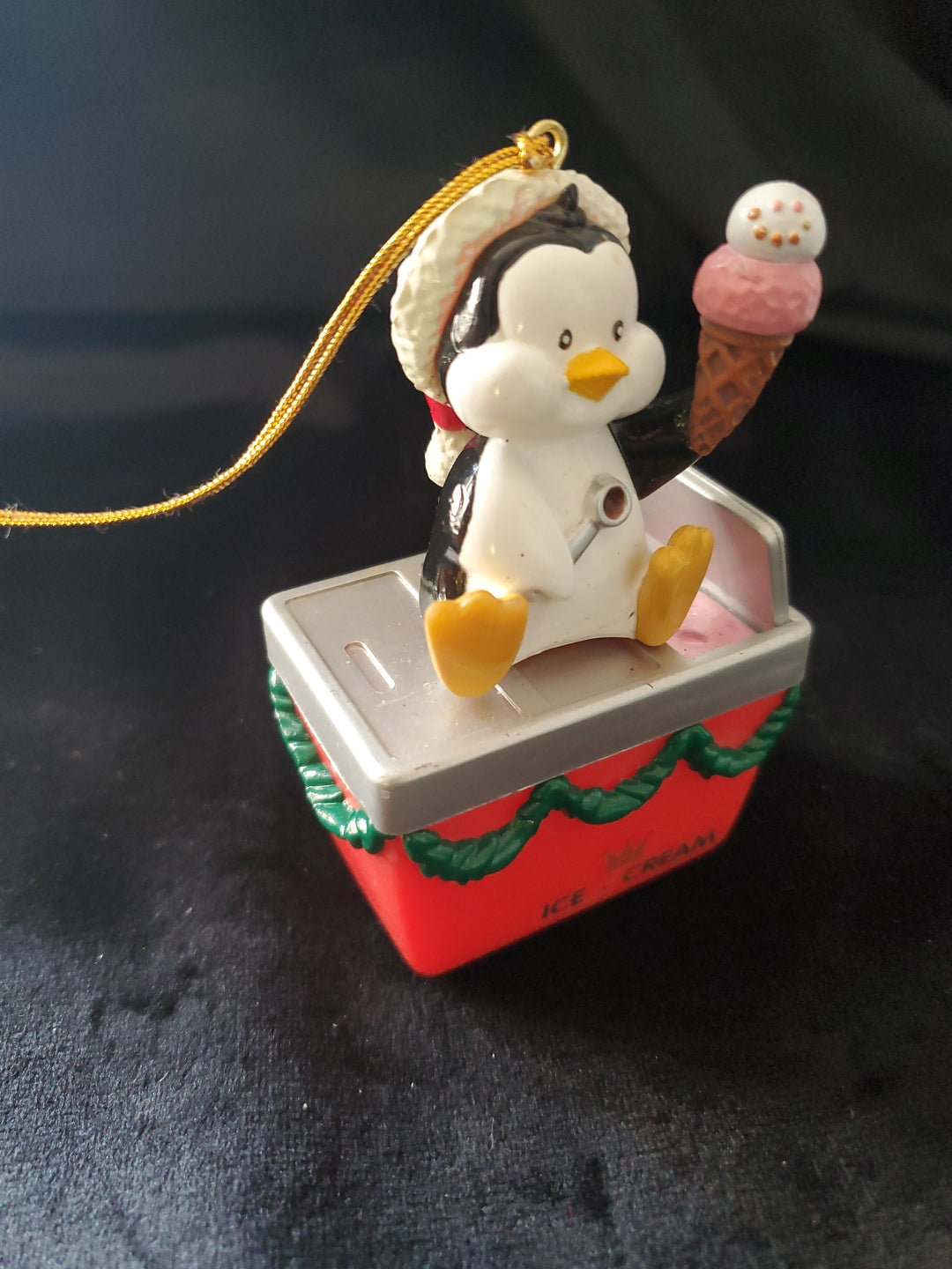 Vintage Christmas Penguin Gifting Ice Cream Christmas Ornament. 3.5" Tall.