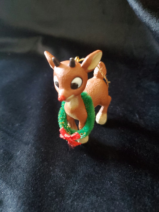 Vintage Young Rudolph The Red Nose Reindeer With Wreath Christmas Ornament. 2.5" Tall.