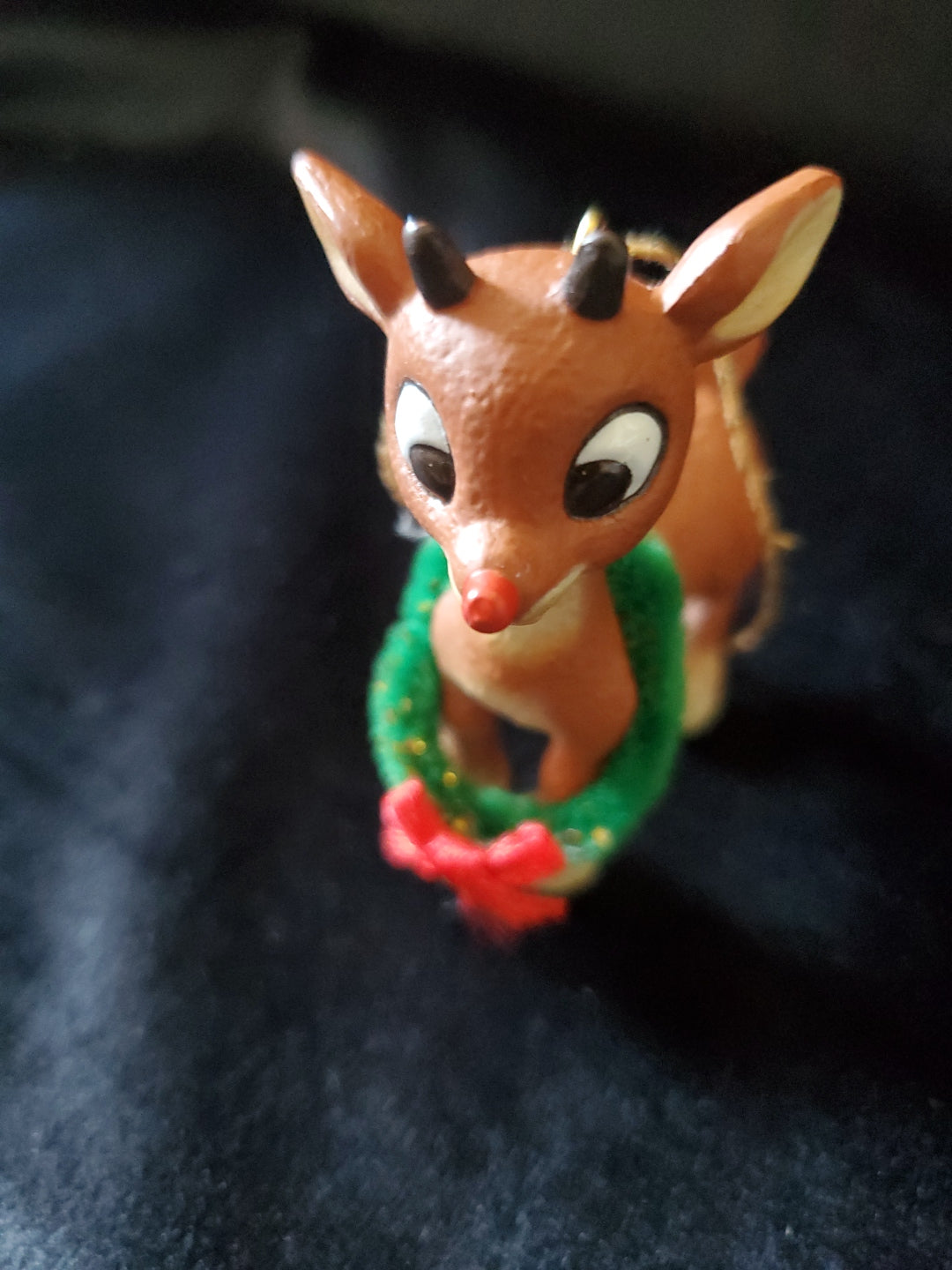 Vintage Young Rudolph The Red Nose Reindeer With Wreath Christmas Ornament. 2.5" Tall.