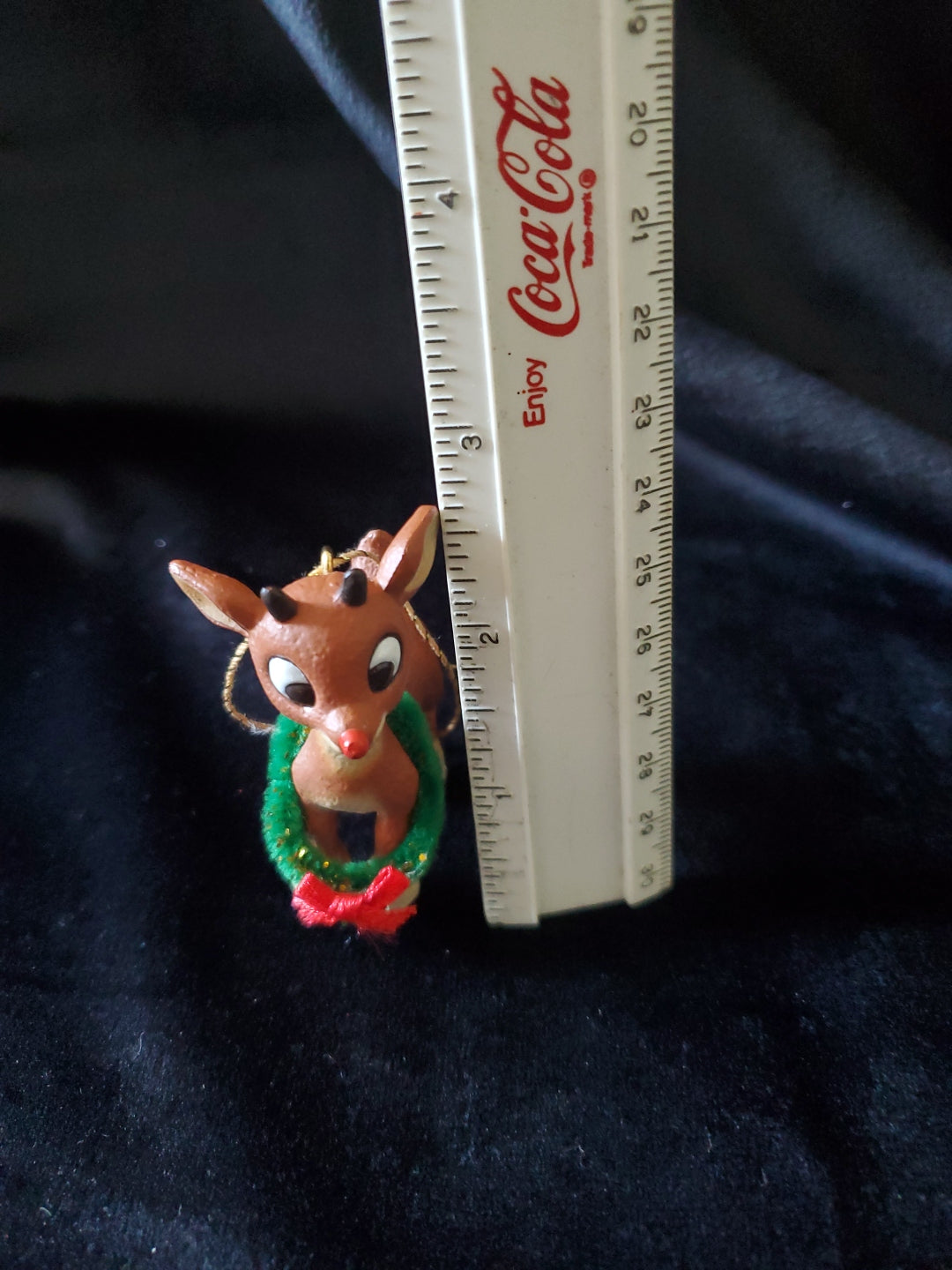 Vintage Young Rudolph The Red Nose Reindeer With Wreath Christmas Ornament. 2.5" Tall.