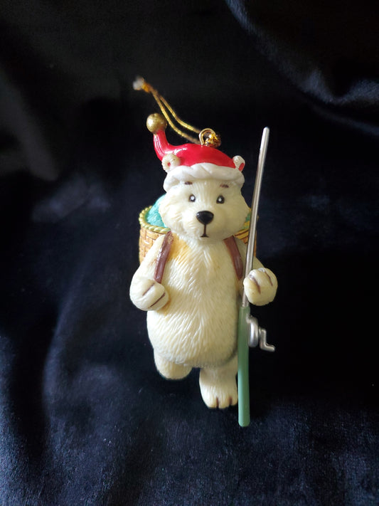 Polar Bear Christmas Ornament, With Fishing Rod, Basket Full Of Fish. 3.75" Tall.