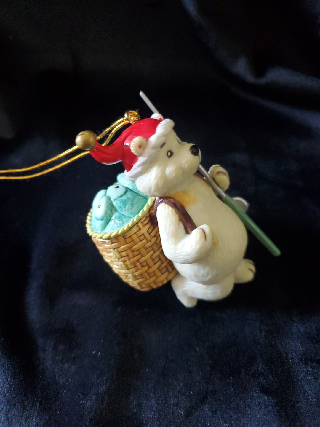 Polar Bear Christmas Ornament, With Fishing Rod, Basket Full Of Fish. 3.75" Tall.