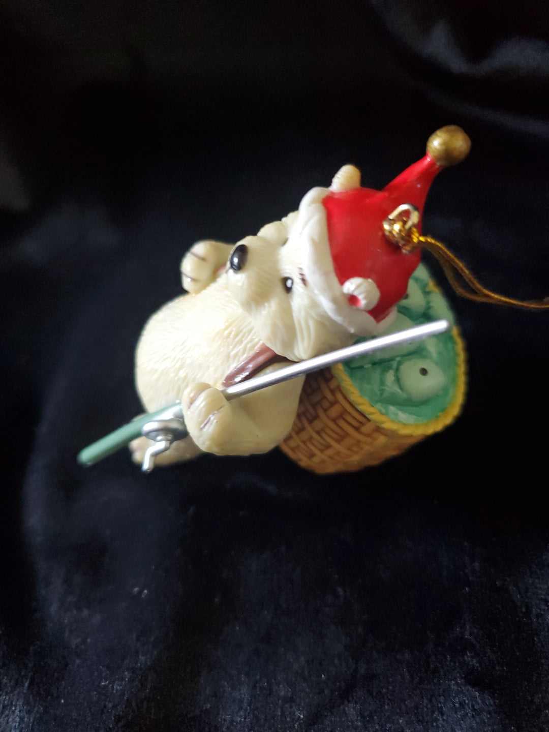 Polar Bear Christmas Ornament, With Fishing Rod, Basket Full Of Fish. 3.75" Tall.