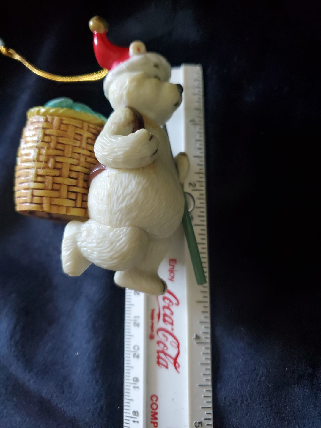 Polar Bear Christmas Ornament, With Fishing Rod, Basket Full Of Fish. 3.75" Tall.