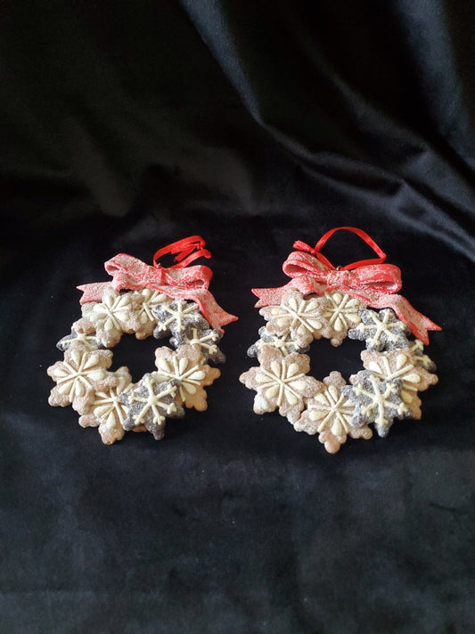 2 Frosted Snowflakes Cookie Wreaths Christmas Ornaments. Clay. 4.75" Tall.