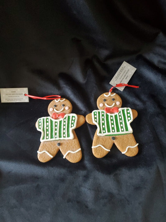 2 Gingerbread Man  Cookies Christmas Ornaments. Clay. 4.25" Tall.