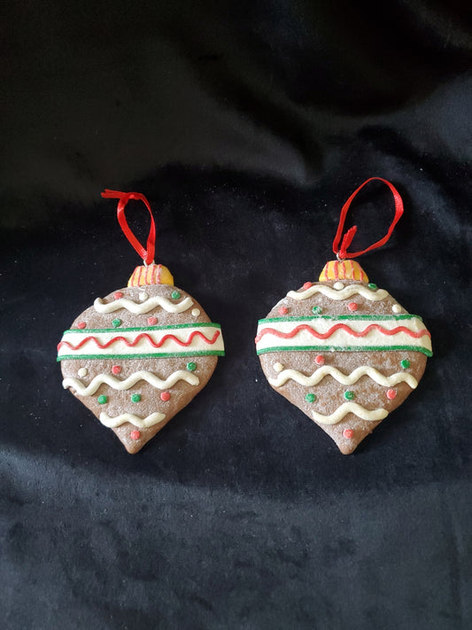 2 Frosted Christmas Ball Cookie Ornament. Clay. 3.75" Tall.