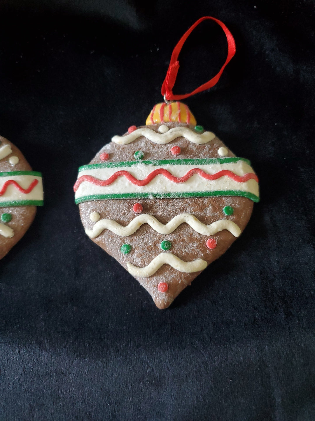 2 Frosted Christmas Ball Cookie Ornament. Clay. 3.75" Tall.