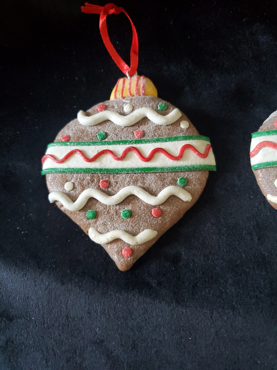 2 Frosted Christmas Ball Cookie Ornament. Clay. 3.75" Tall.