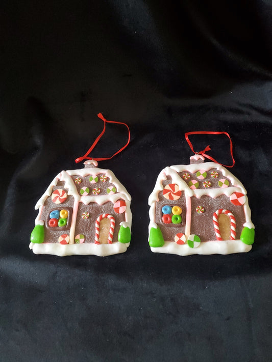 2 Gingerbread Houses Christmas Ornaments. Clay. 4" Tall.