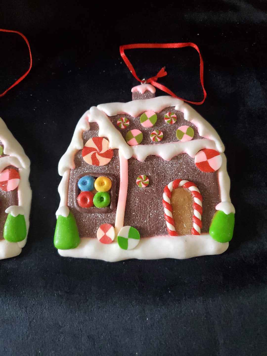 2 Gingerbread Houses Christmas Ornaments. Clay. 4" Tall.