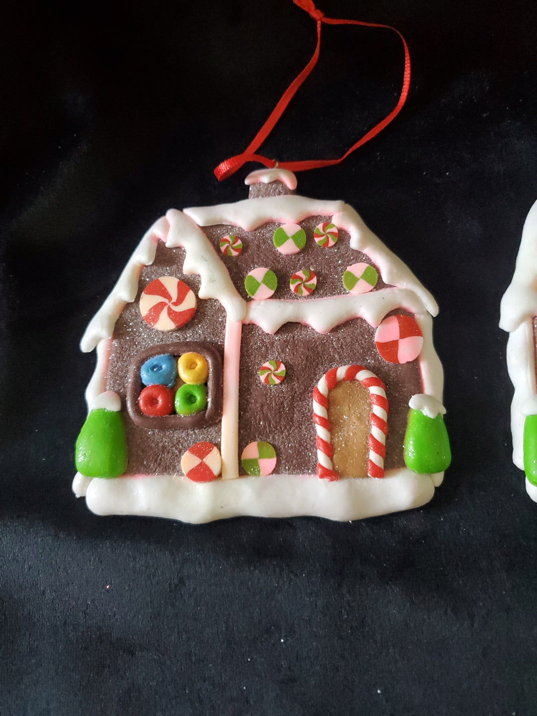 2 Gingerbread Houses Christmas Ornaments. Clay. 4" Tall.