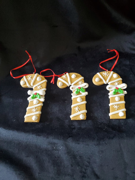 3 Candy Cane Cookies Christmas Ornaments. Clay. 3.5" Tall.