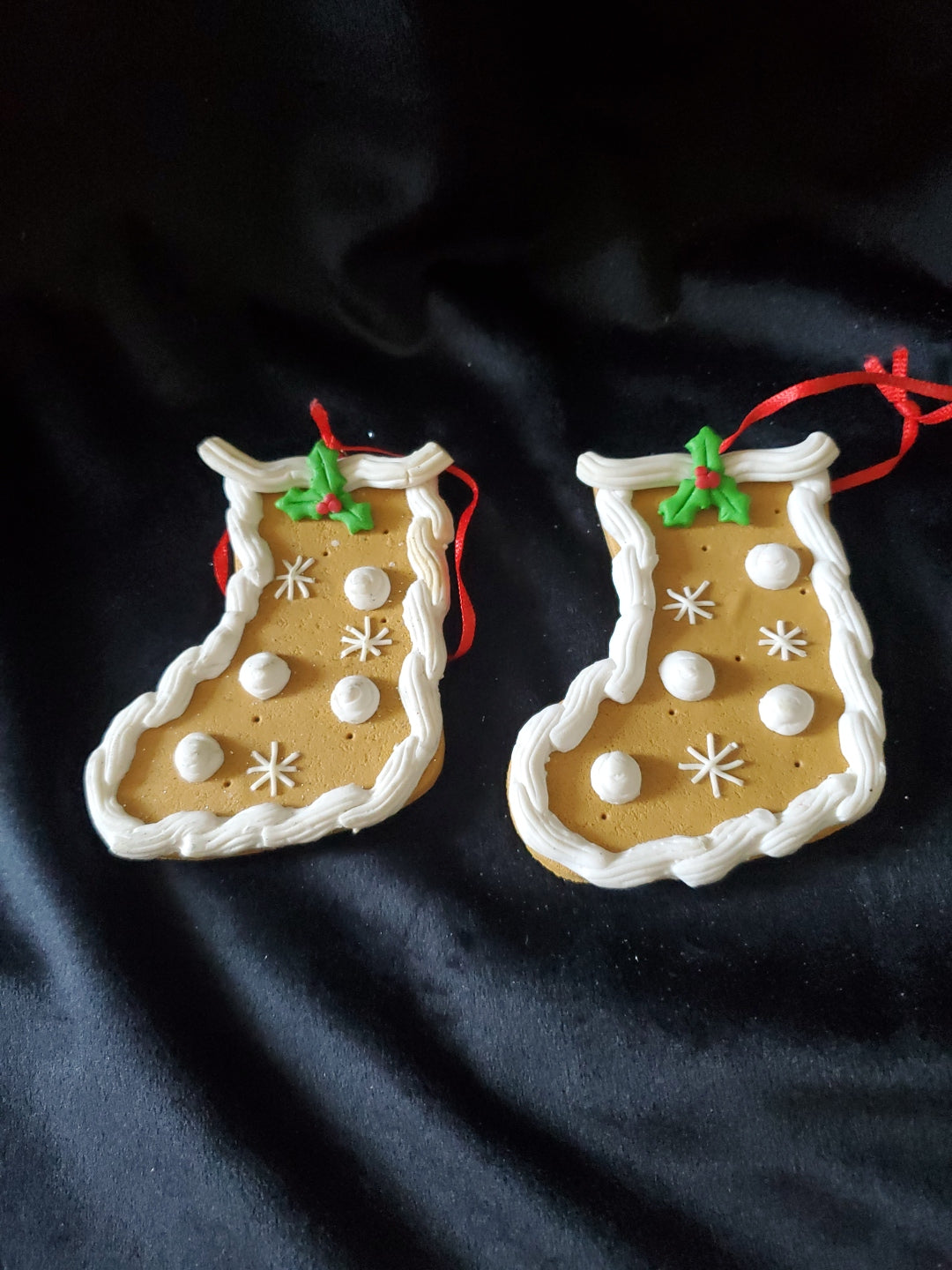 2 Christmas Stocking Cookies, Christmas Ornaments. Clay. 3" Tall.