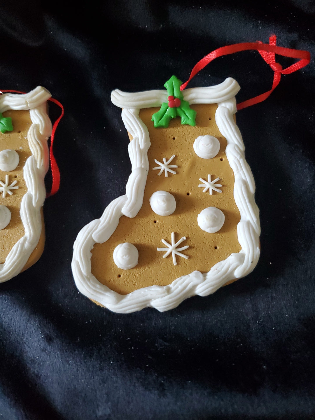 2 Christmas Stocking Cookies, Christmas Ornaments. Clay. 3" Tall.