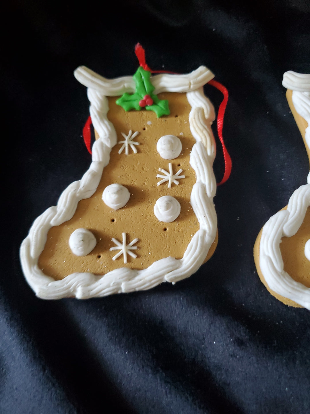 2 Christmas Stocking Cookies, Christmas Ornaments. Clay. 3" Tall.