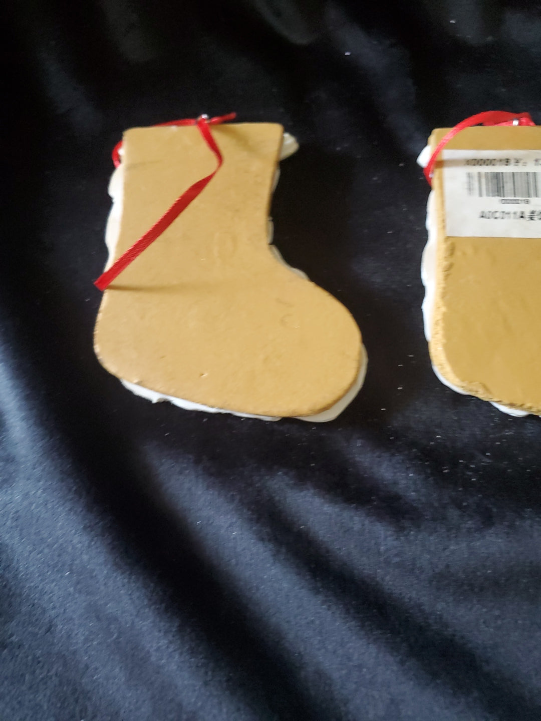 2 Christmas Stocking Cookies, Christmas Ornaments. Clay. 3" Tall.