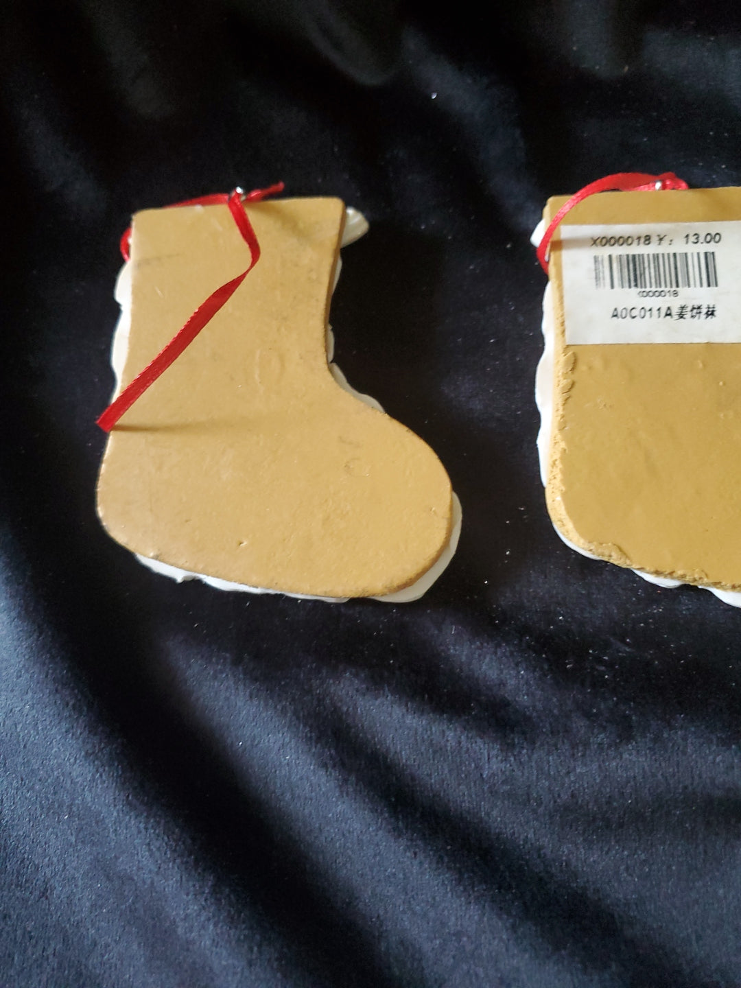 2 Christmas Stocking Cookies, Christmas Ornaments. Clay. 3" Tall.