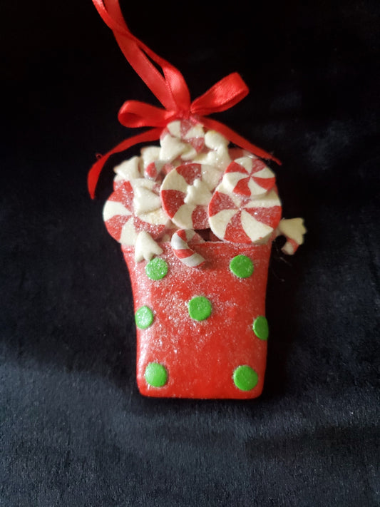 Whimsical Peppermint Candy Hot Cocoa Cup Christmas Ornament. Clay. 3.25" Tall.