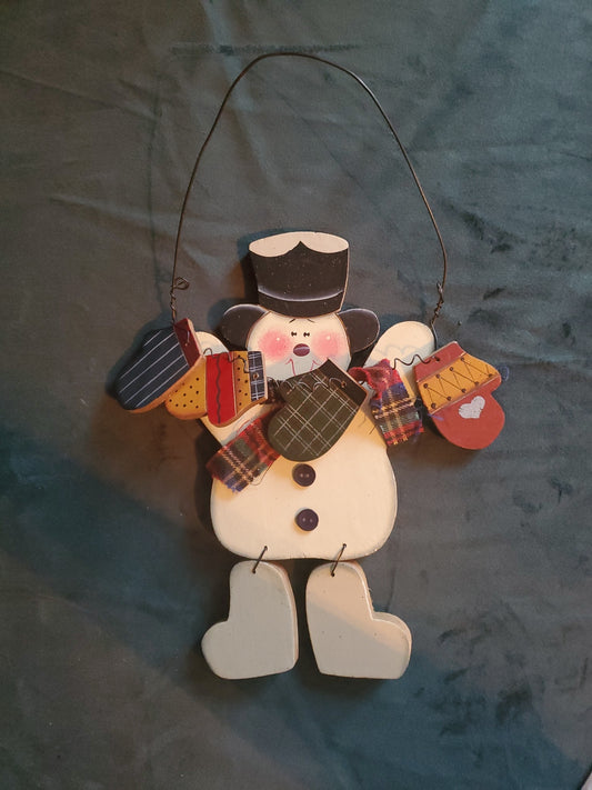 Wood Snowman & Mittens Christmas Tree Ornament. Country Rustic Cottage Decor 9"